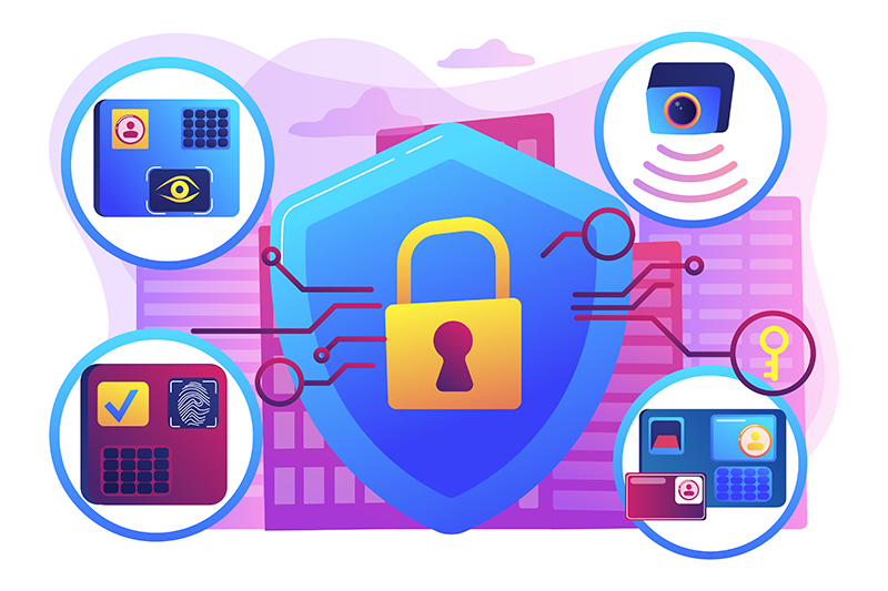 Home protection. Surveillance service. Devices for house security. Access control system, security control solutions, security management concept. Bright vibrant violet vector isolated illustration